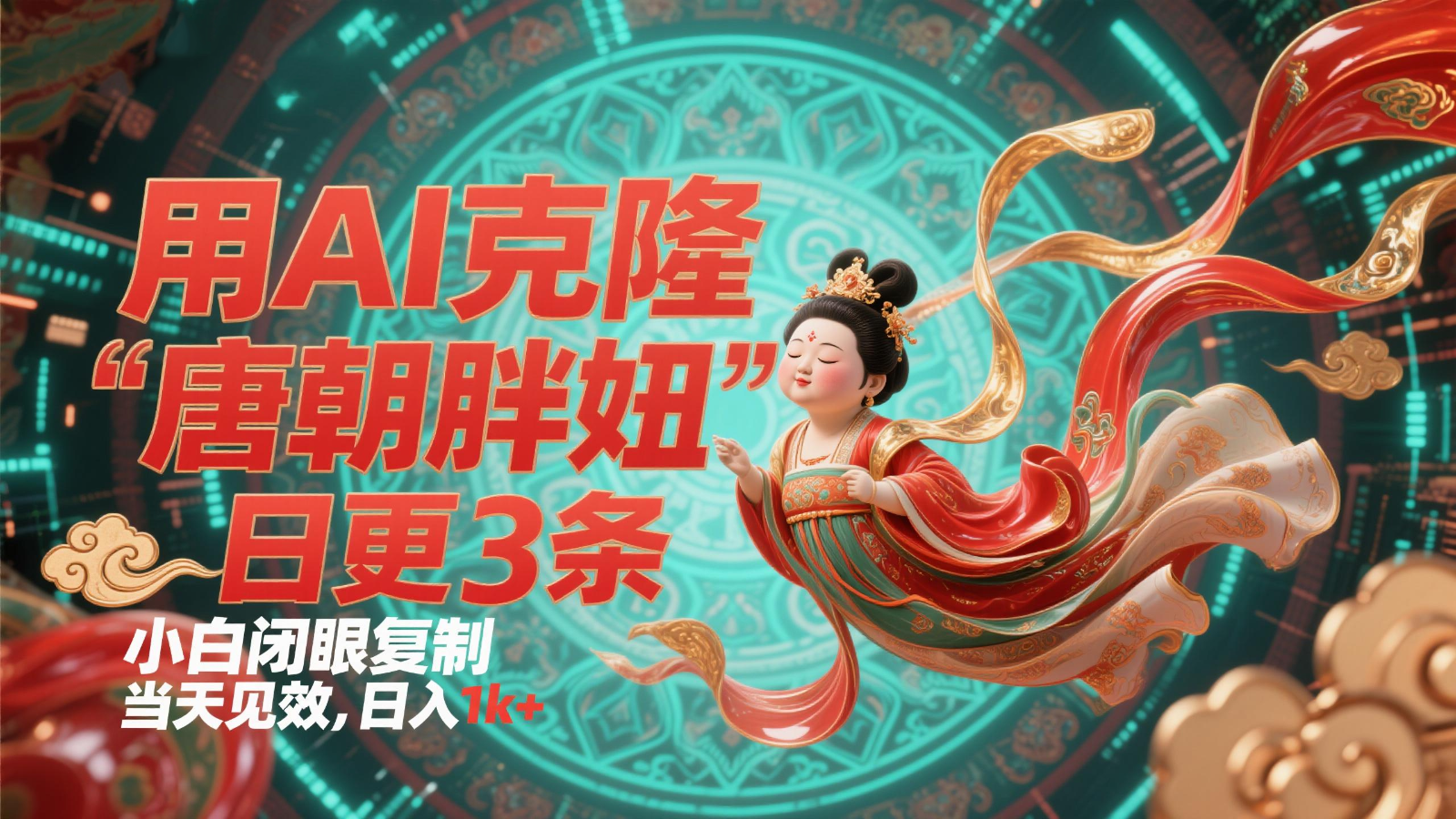 用AI克隆“唐朝胖妞”日更3条，平台疯狂推流，小白闭眼复制，当天见效，日入1k+ - 奉壹网创-奉壹网创