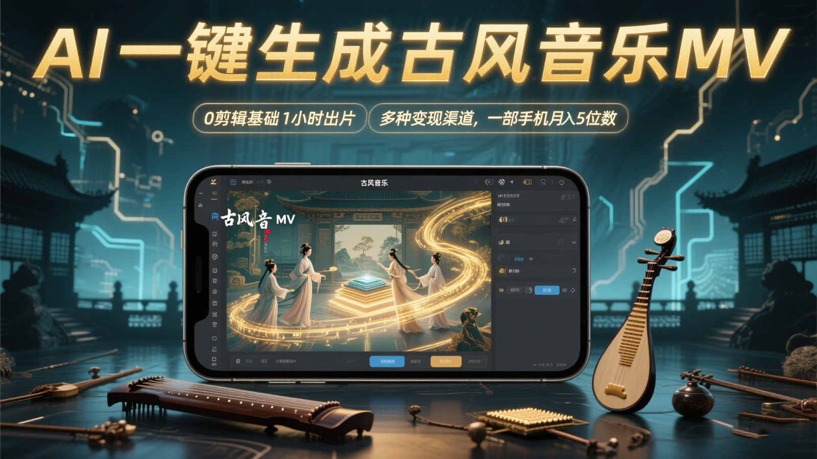 AI一键生成古风音乐MV，0剪辑基础1小时出片，多种变现渠道，一部手机月入5位数 - 奉壹网创-奉壹网创