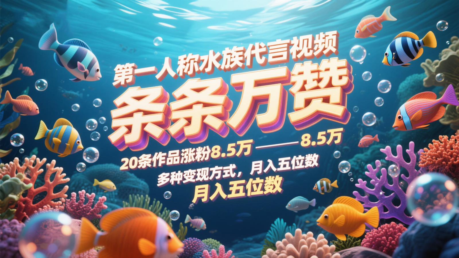 第一人称水族代言视频，条条万赞，20条作品涨粉8.5万，多种变现方式月，入五位数 - 奉壹网创-奉壹网创
